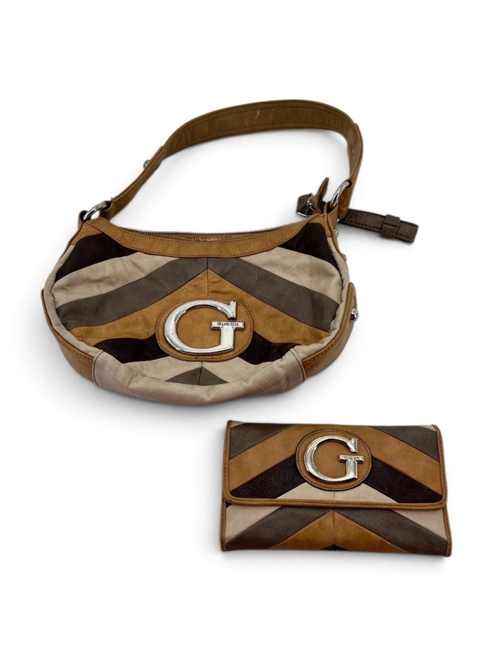 Vintage Guess- Chevron Patchwork Shoulder Bag in Brown&Tanya W/Matching Wallet - Picture 3 of 6